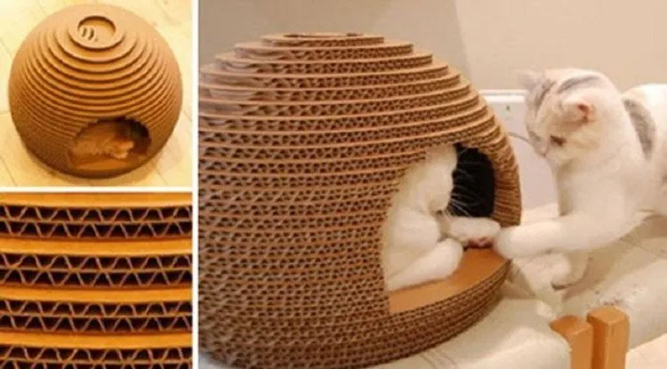 KERAJINAN TANGAN RUMAH KUCING DARI KARDUS BEKAS